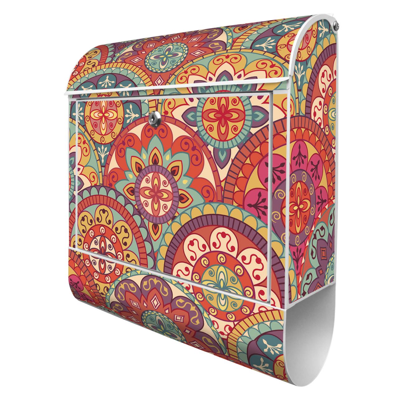 banjado Manufaktur Briefkasten weiß bunt mit Motiv Rosetten 38x47x13cm - mit Zeitungsfach pulverbeschichtet, 2 Schlüssel, mit Montageanleitung