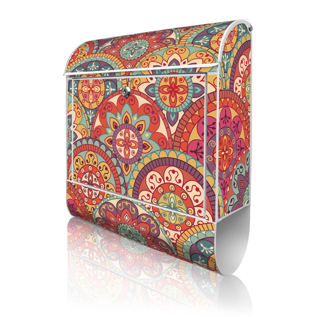 banjado Manufaktur Briefkasten weiß bunt mit Motiv Rosetten 38x47x13cm - mit Zeitungsfach pulverbeschichtet, 2 Schlüssel, mit Montageanleitung