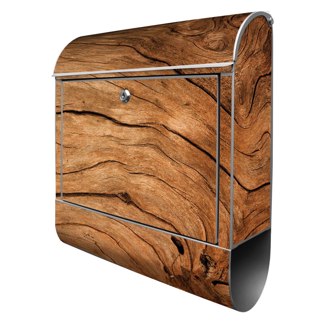 banjado Wandbriefkasten silber groß mit Motiv Holzmaserung 38x47x13cm - inkl. Zeitungsfach, 2 Schlüssel und Montageanleitung - pulverbeschichtet