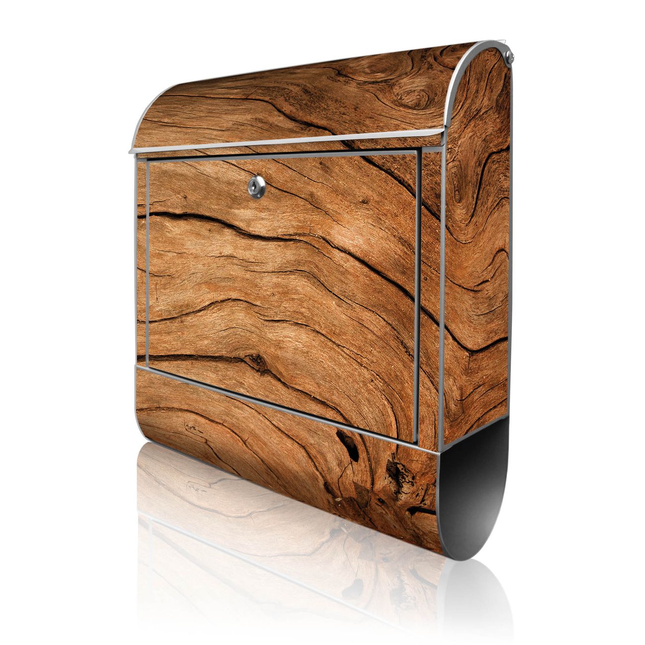banjado Wandbriefkasten silber groß mit Motiv Trockenes Holz 38x47x13cm - inkl. Zeitungsfach, 2 Schlüssel und Montageanleitung - pulverbeschichtet