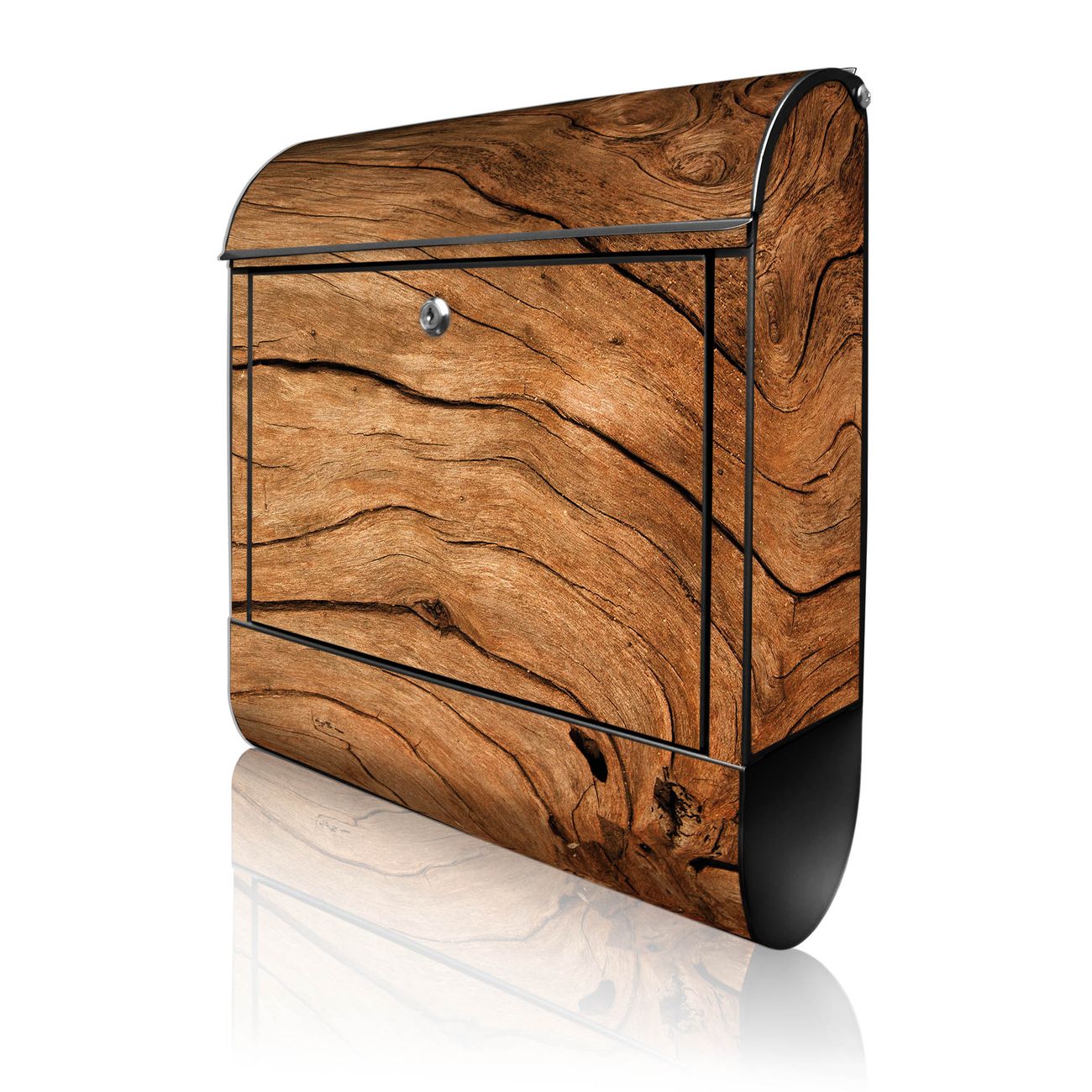 banjado Wandbriefkasten schwarz groß mit Motiv Trockenes Holz 38x47x13cm - inkl. Zeitungsfach, 2 Schlüssel und Montageanleitung - pulverbeschichtet