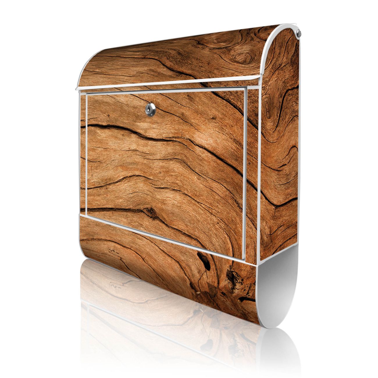 banjado Wandbriefkasten weiß groß mit Motiv Trockenes Holz 38x47x13cm - inkl. Zeitungsfach, 2 Schlüssel und Montageanleitung - pulverbeschichtet