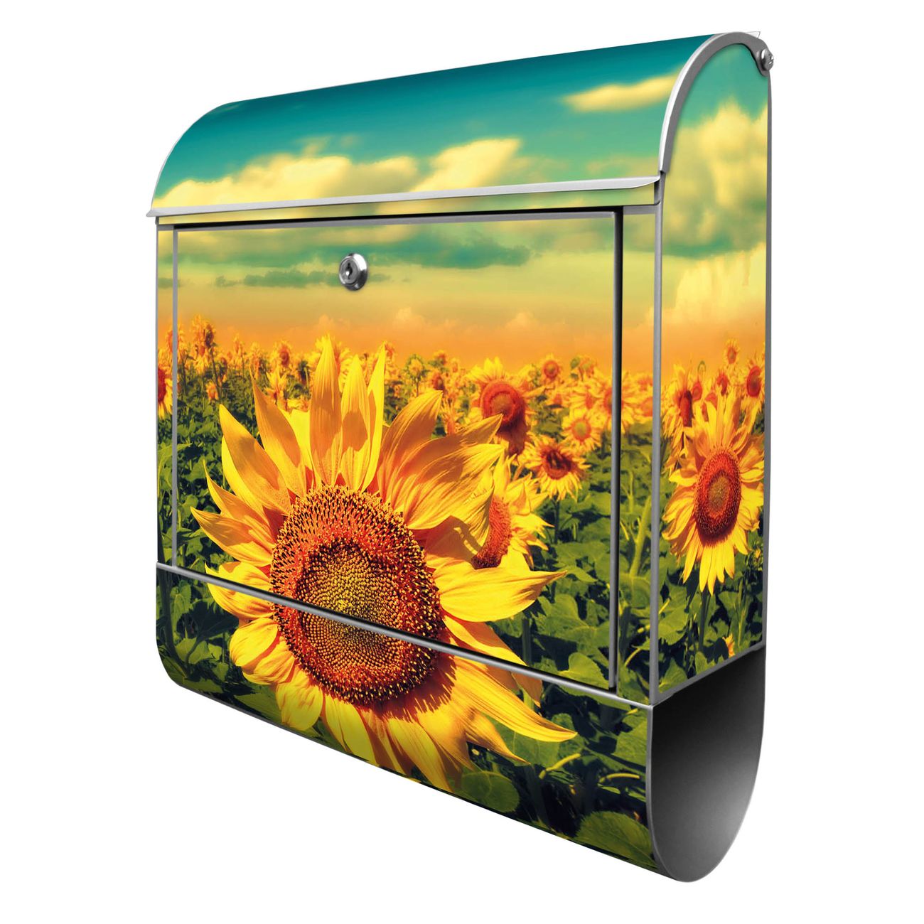 banjado Manufaktur Briefkasten silber bunt mit Motiv Sonnenblumen 38x47x13cm - mit Zeitungsfach pulverbeschichtet, 2 Schlüssel, mit Montageanleitung