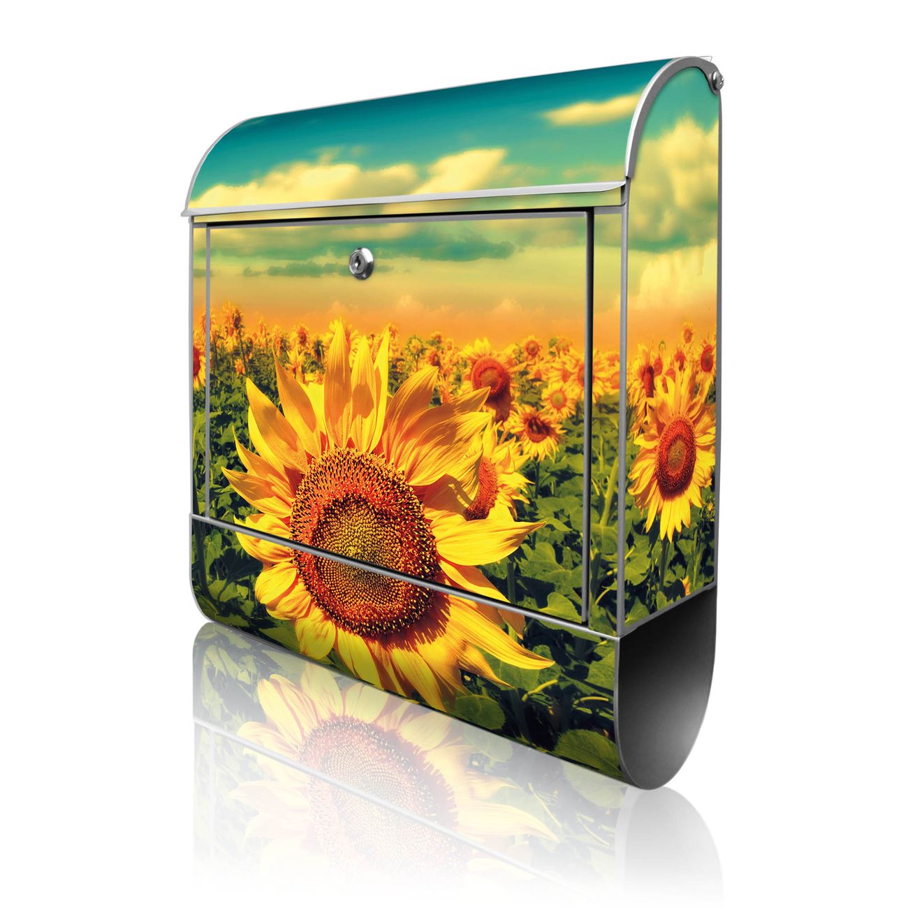 banjado Manufaktur Briefkasten silber bunt mit Motiv Sonnenblumen 38x47x13cm - mit Zeitungsfach pulverbeschichtet, 2 Schlüssel, mit Montageanleitung