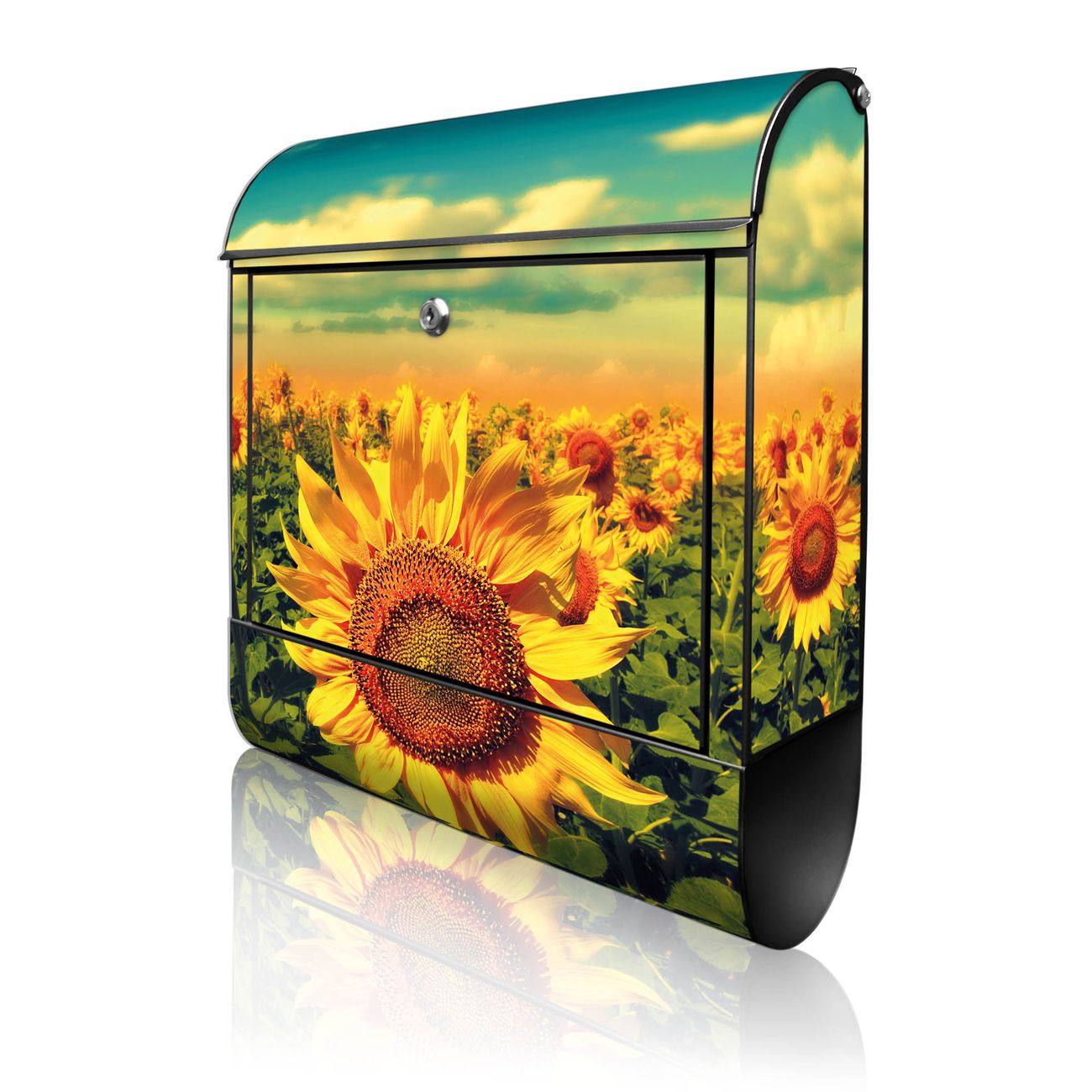 banjado Manufaktur Briefkasten schwarz bunt mit Motiv Sonnenblumen 38x47x13cm - mit Zeitungsfach pulverbeschichtet, 2 Schlüssel, mit Montageanleitung