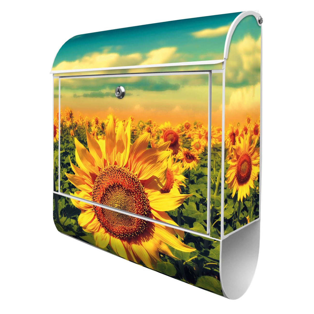 banjado Manufaktur Briefkasten weiß bunt mit Motiv Sonnenblumen 38x47x13cm - mit Zeitungsfach pulverbeschichtet, 2 Schlüssel, mit Montageanleitung