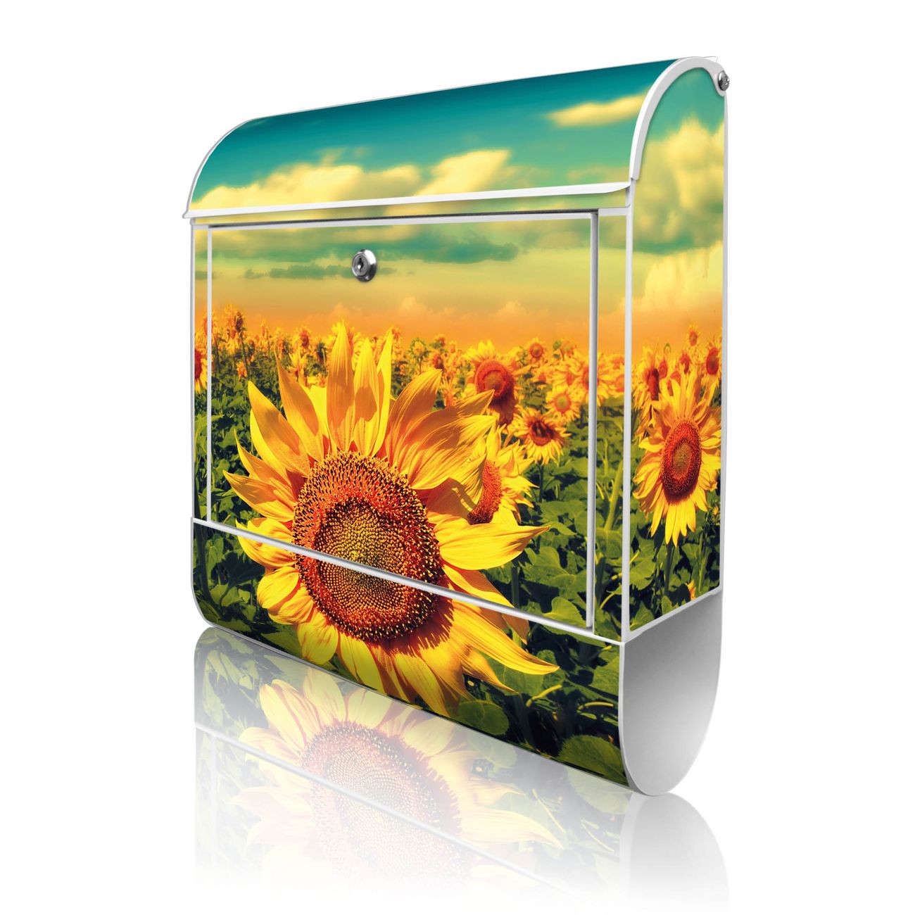 banjado Manufaktur Briefkasten weiß bunt mit Motiv Sonnenblumen 38x47x13cm - mit Zeitungsfach pulverbeschichtet, 2 Schlüssel, mit Montageanleitung