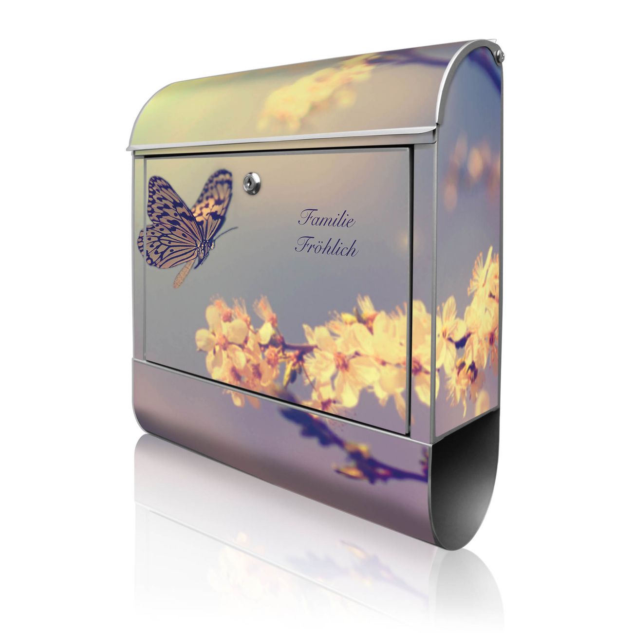 banjado Manufaktur Briefkasten silber bunt mit Motiv Tag Im Mai 38x47x13cm - mit Zeitungsfach pulverbeschichtet, 2 Schlüssel, mit Montageanleitung