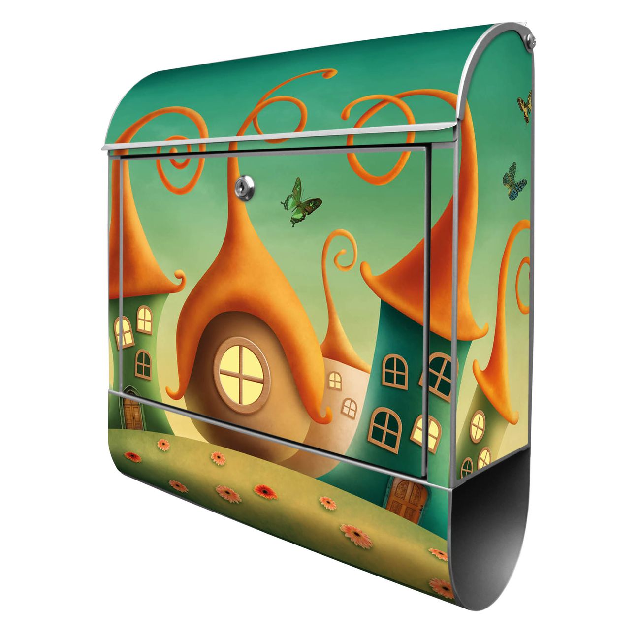 banjado Briefkasten groß silber kaufen mit Motiv Zwergenhausen 38x47x13cm - mit Zeitungsfach pulverbeschichtet - 2 Schlüssel - mit Montageanleitung