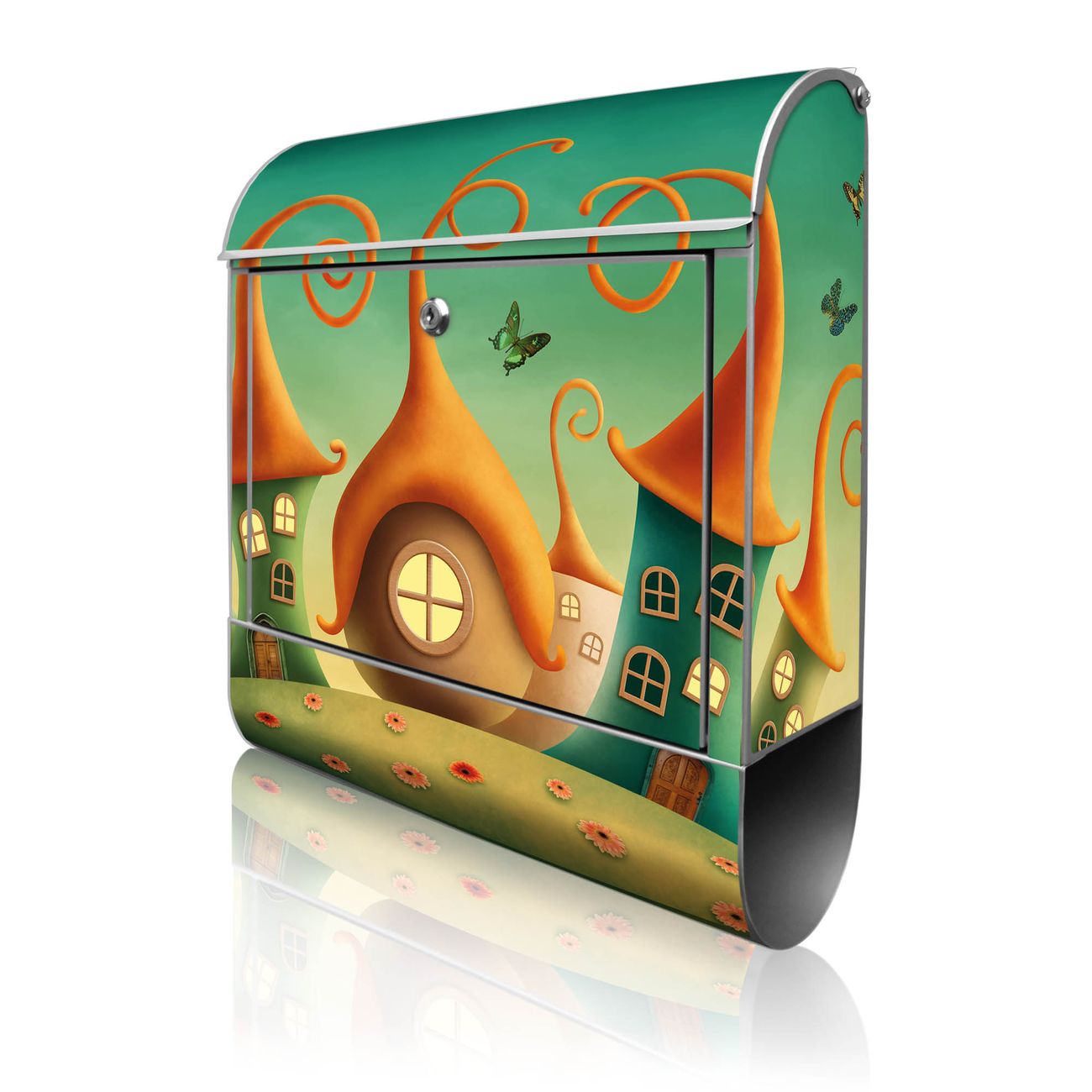 banjado Briefkasten groß silber kaufen mit Motiv Zwergenhausen 38x47x13cm - mit Zeitungsfach pulverbeschichtet - 2 Schlüssel - mit Montageanleitung