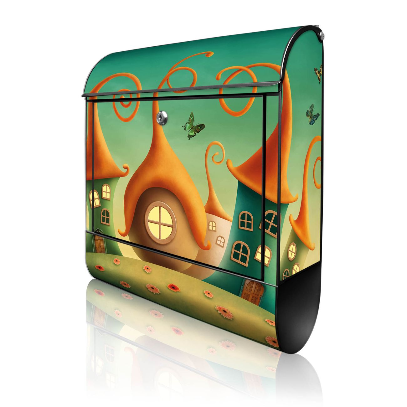 banjado Briefkasten groß schwarz kaufen mit Motiv Zwergenhausen 38x47x13cm - mit Zeitungsfach pulverbeschichtet - 2 Schlüssel - mit Montageanleitung