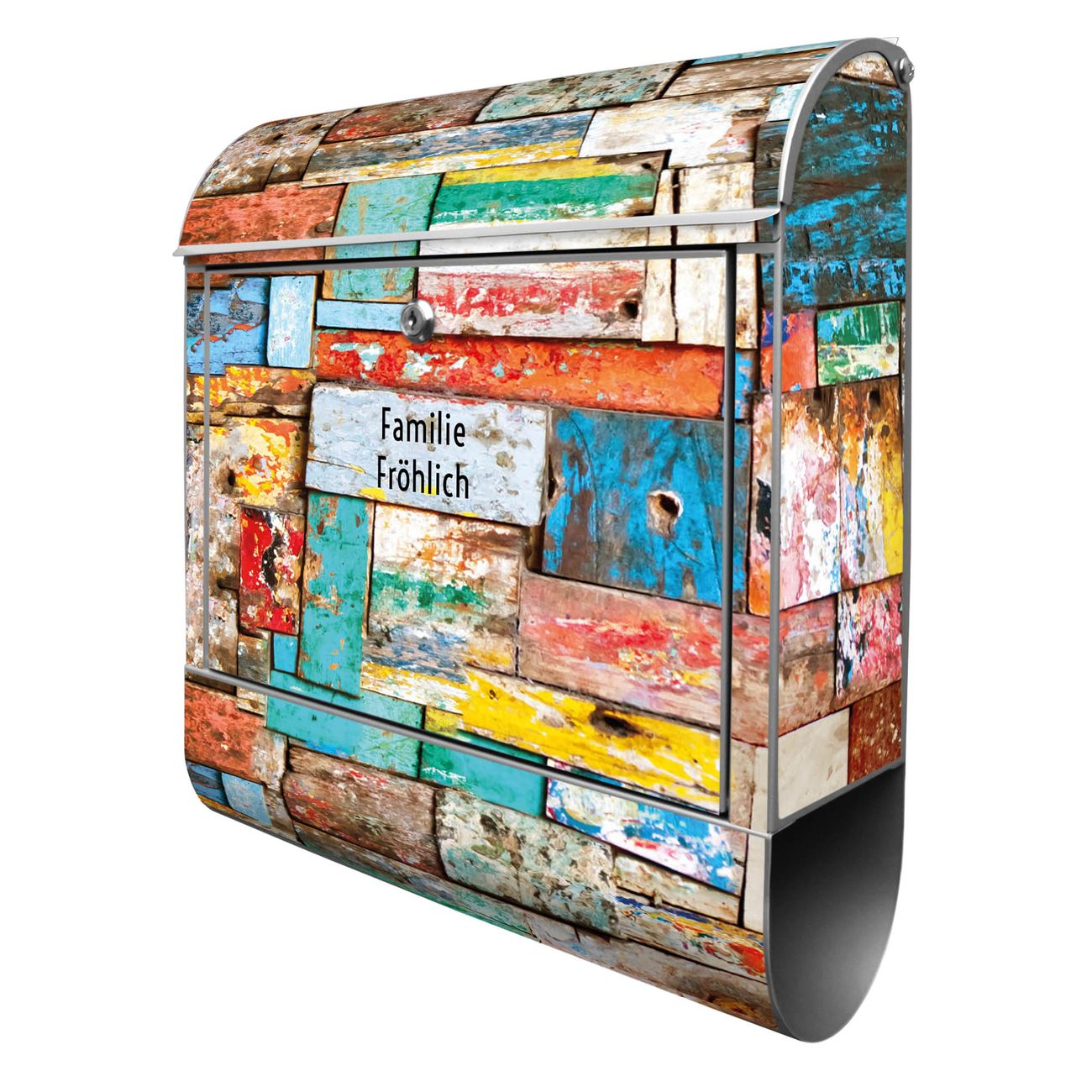 banjado Design Briefkasten silber mit Motiv Holz bunt 38x47x13cm, 2 Schlüssel - Briefkasten Stahl mit Zeitungsfach pulverbeschichtet A4 Einwurf