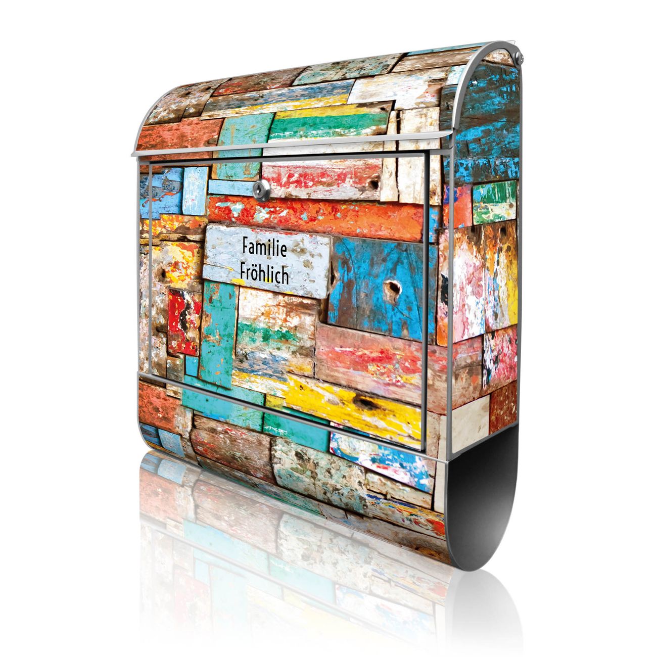 banjado Design Briefkasten silber mit Motiv Bunte Holzschindeln 38x47x13cm, 2 Schlüssel - Briefkasten Stahl mit Zeitungsfach pulverbeschichtet A4 Einwurf