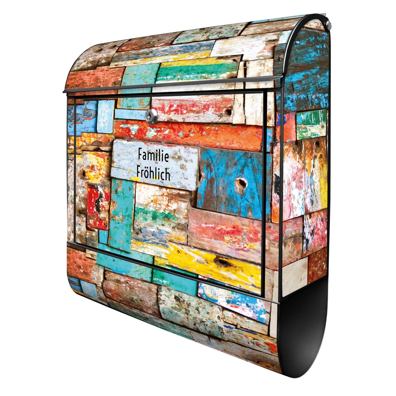 banjado Design Briefkasten schwarz mit Motiv Holz bunt 38x47x13cm, 2 Schlüssel - Briefkasten Stahl mit Zeitungsfach pulverbeschichtet A4 Einwurf