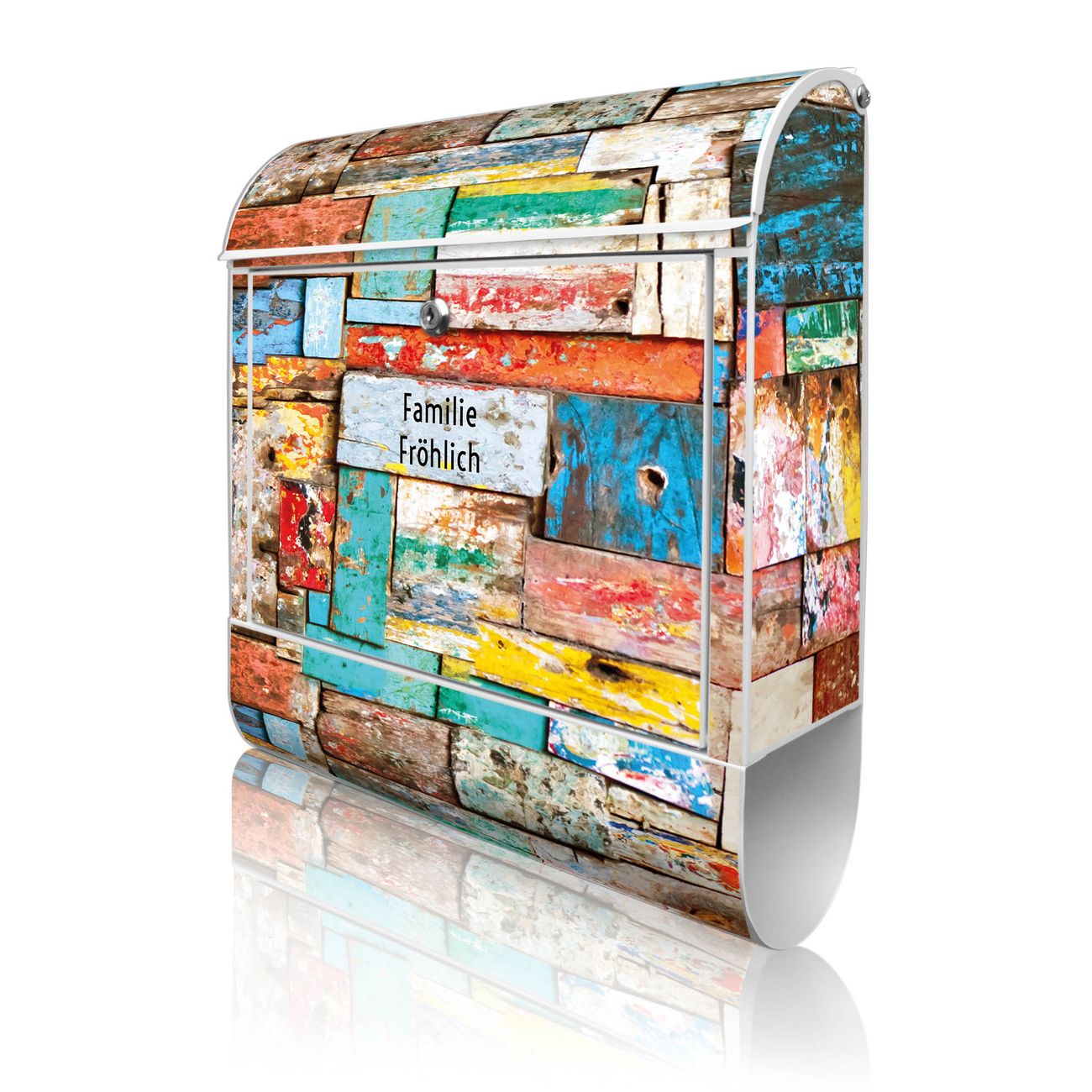 banjado Design Briefkasten weiß mit Motiv Bunte Holzschindeln 38x47x13cm, 2 Schlüssel - Briefkasten Stahl mit Zeitungsfach pulverbeschichtet A4 Einwurf