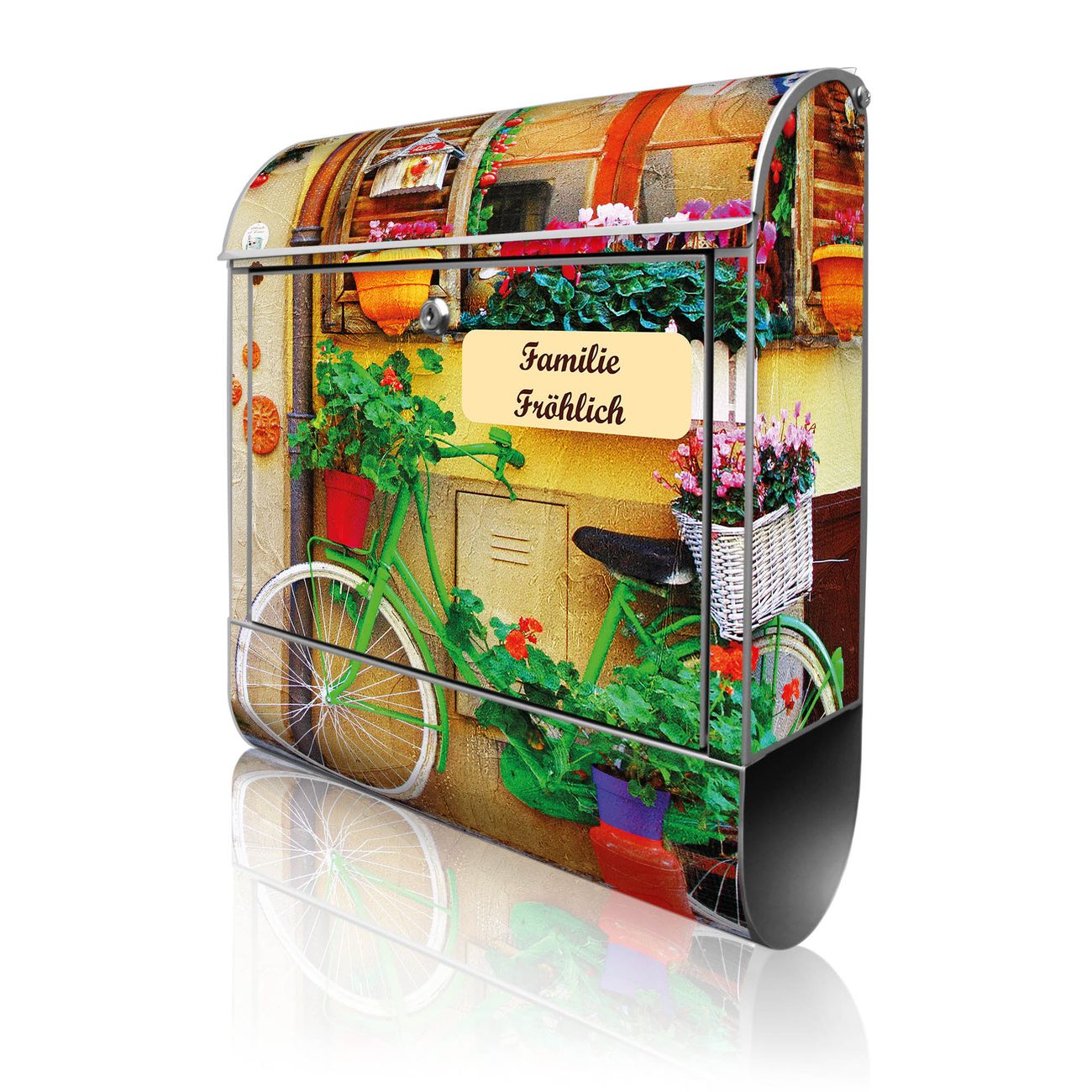 banjado Wandbriefkasten silber groß mit Motiv Grünes Fahrrad 38x47x13cm - inkl. Zeitungsfach, 2 Schlüssel und Montageanleitung - pulverbeschichtet