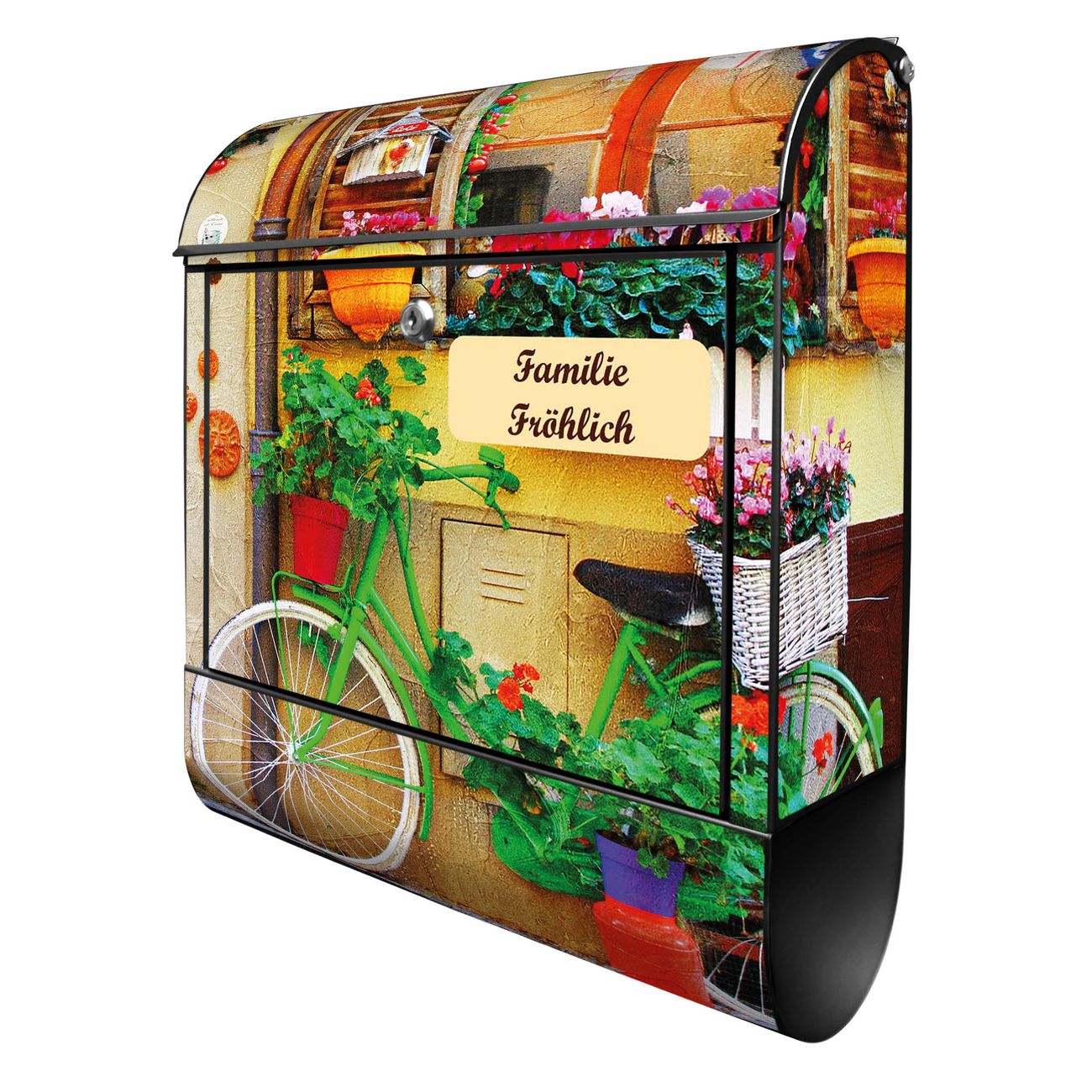 banjado Wandbriefkasten schwarz groß mit Motiv Grünes Fahrrad 38x47x13cm - inkl. Zeitungsfach, 2 Schlüssel und Montageanleitung - pulverbeschichtet