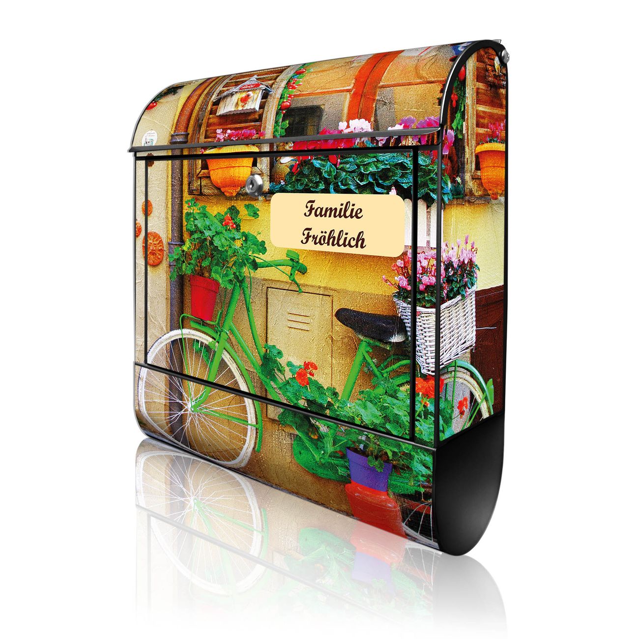 banjado Wandbriefkasten schwarz groß mit Motiv Grünes Fahrrad 38x47x13cm - inkl. Zeitungsfach, 2 Schlüssel und Montageanleitung - pulverbeschichtet