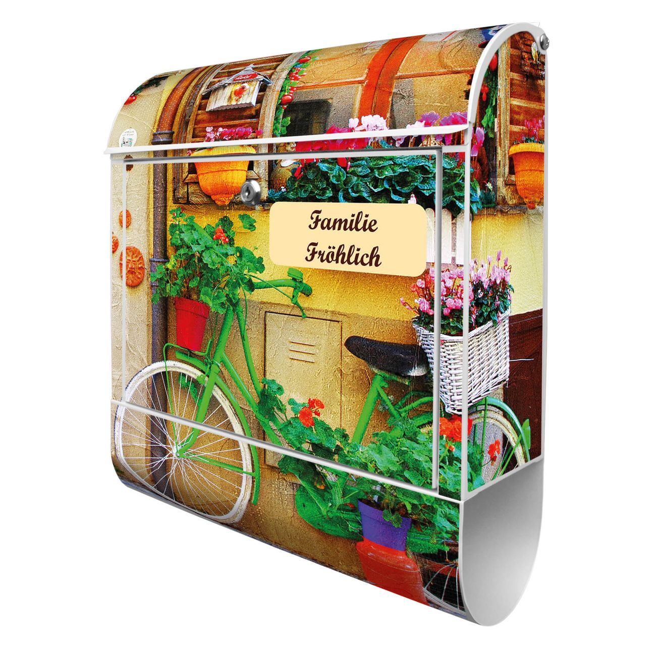 banjado Wandbriefkasten weiß groß mit Motiv Grünes Fahrrad 38x47x13cm - inkl. Zeitungsfach, 2 Schlüssel und Montageanleitung - pulverbeschichtet