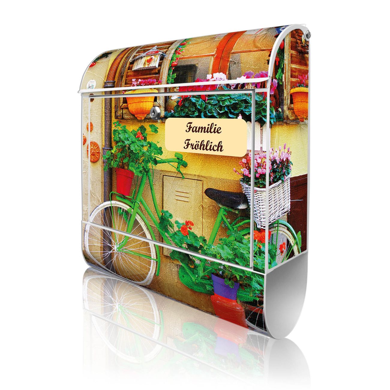 banjado Wandbriefkasten weiß groß mit Motiv Grünes Fahrrad 38x47x13cm - inkl. Zeitungsfach, 2 Schlüssel und Montageanleitung - pulverbeschichtet