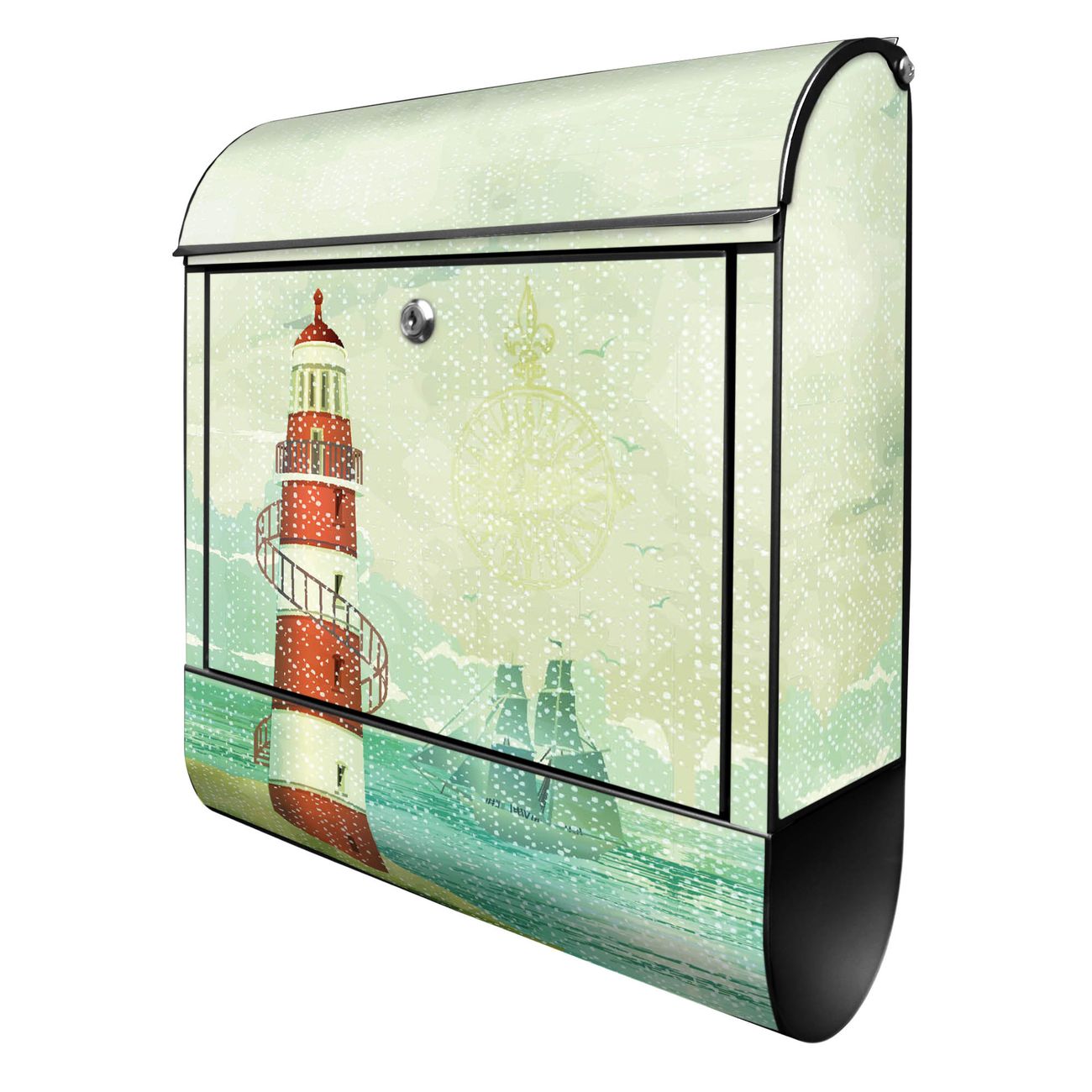 banjado Briefkasten groß schwarz kaufen mit Motiv Leuchtturm 38x47x13cm - mit Zeitungsfach pulverbeschichtet - 2 Schlüssel - mit Montageanleitung