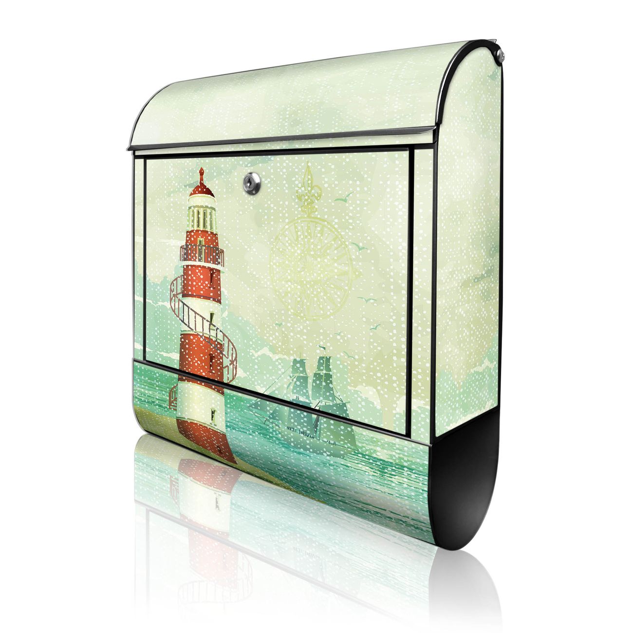 banjado Briefkasten groß schwarz kaufen mit Motiv Alter Leuchtturm 38x47x13cm - mit Zeitungsfach pulverbeschichtet - 2 Schlüssel - mit Montageanleitung