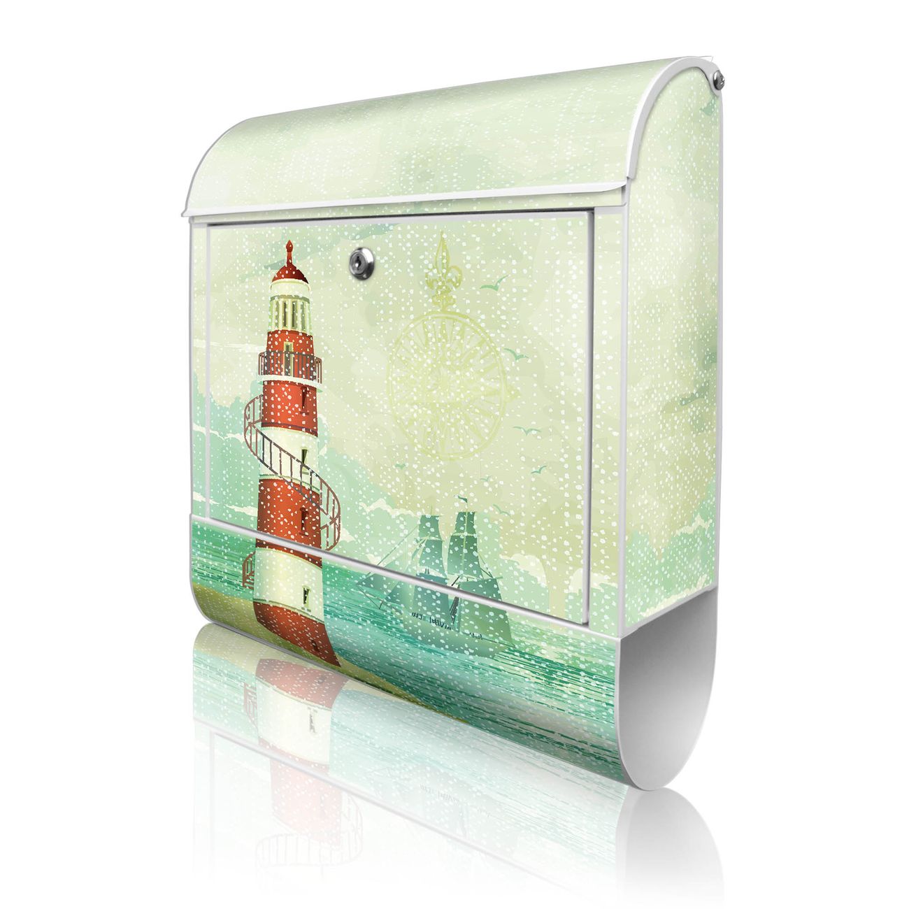 banjado Briefkasten groß weiß kaufen mit Motiv Alter Leuchtturm 38x47x13cm - mit Zeitungsfach pulverbeschichtet - 2 Schlüssel - mit Montageanleitung