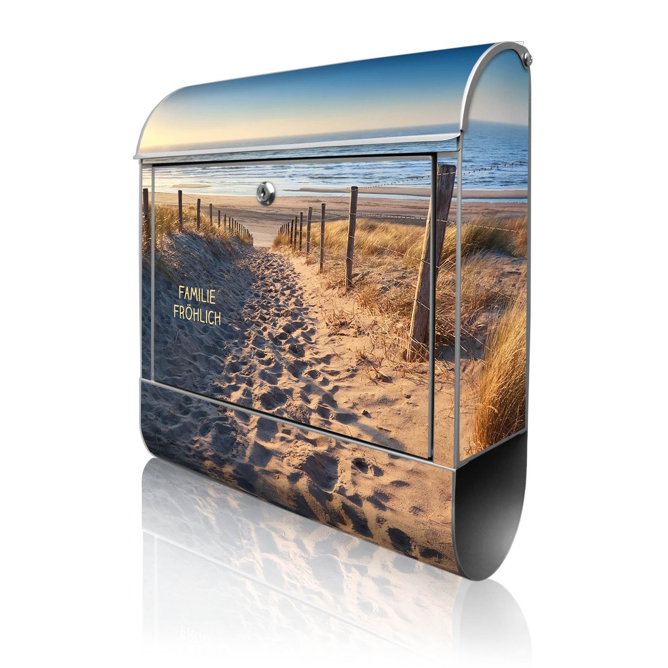 banjado Manufaktur Briefkasten silber bunt mit Motiv Nordseestrand 38x47x13cm - mit Zeitungsfach pulverbeschichtet, 2 Schlüssel, mit Montageanleitung