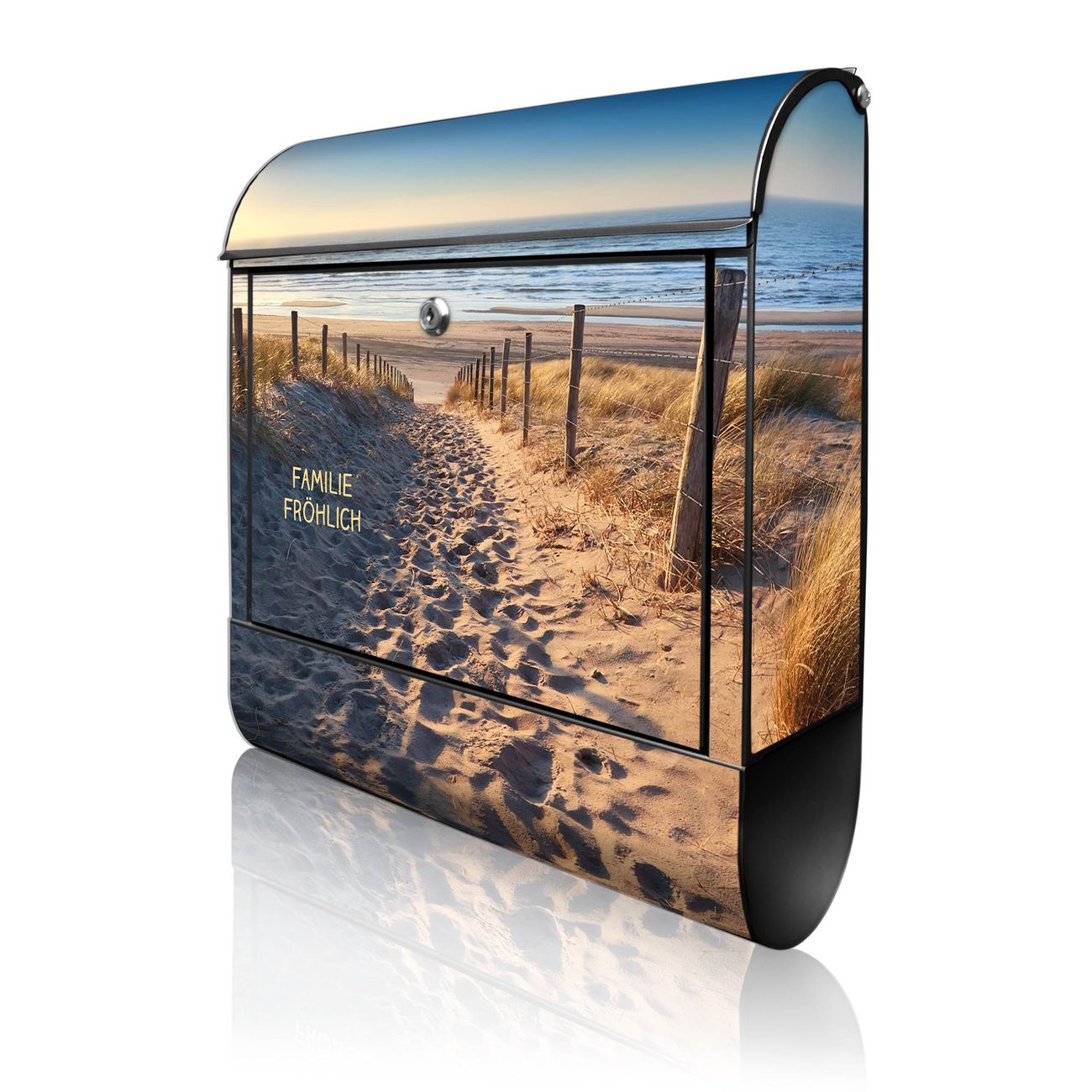 banjado Manufaktur Briefkasten schwarz bunt mit Motiv Nordseestrand 38x47x13cm - mit Zeitungsfach pulverbeschichtet, 2 Schlüssel, mit Montageanleitung