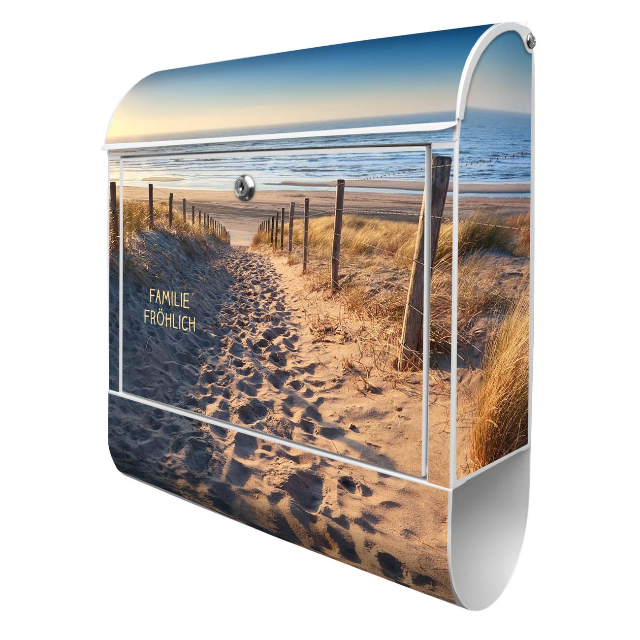 banjado Manufaktur Briefkasten weiß bunt mit Motiv Nordseestrand 38x47x13cm - mit Zeitungsfach pulverbeschichtet, 2 Schlüssel, mit Montageanleitung