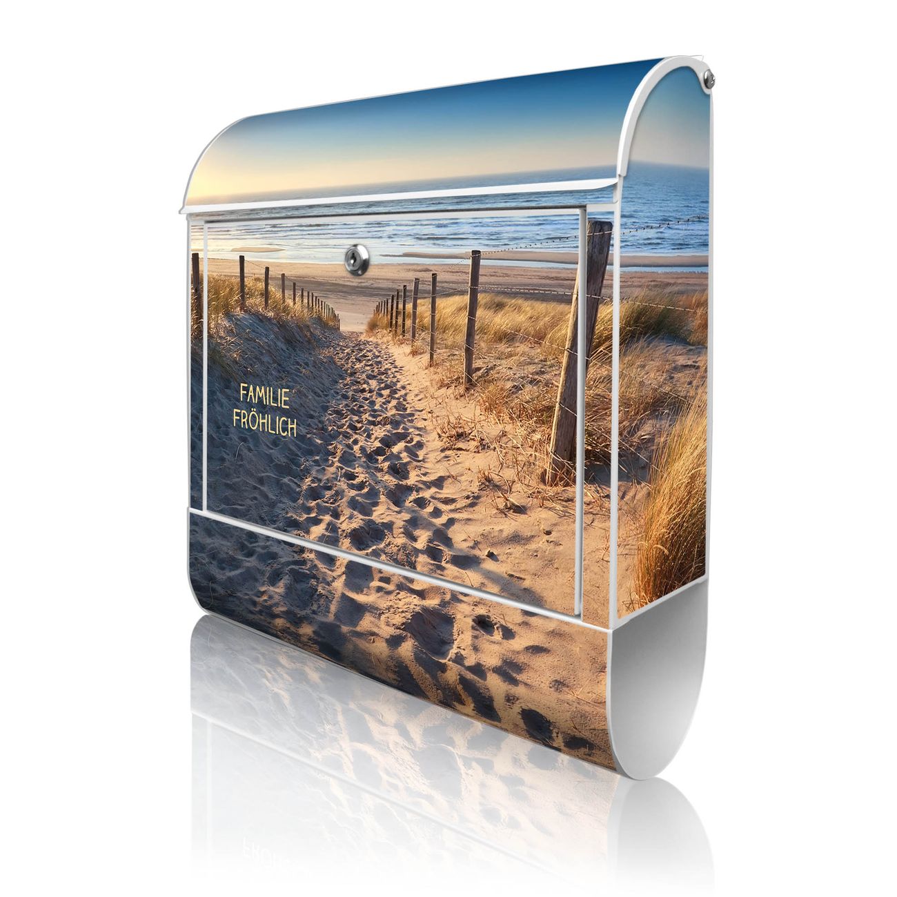 banjado Manufaktur Briefkasten weiß bunt mit Motiv Nordseestrand 38x47x13cm - mit Zeitungsfach pulverbeschichtet, 2 Schlüssel, mit Montageanleitung