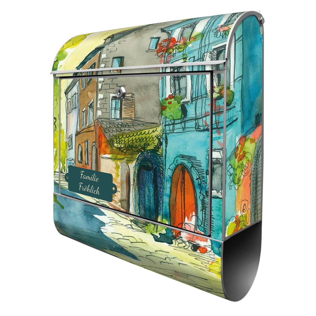 banjado Wandbriefkasten silber groß mit Motiv Stadtkern 38x47x13cm - inkl. Zeitungsfach, 2 Schlüssel und Montageanleitung - pulverbeschichtet