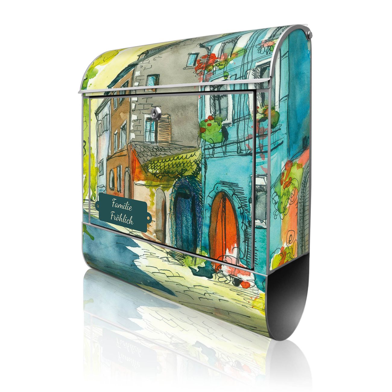 banjado Wandbriefkasten silber groß mit Motiv Historischer Stadtkern 38x47x13cm - inkl. Zeitungsfach, 2 Schlüssel und Montageanleitung - pulverbeschichtet