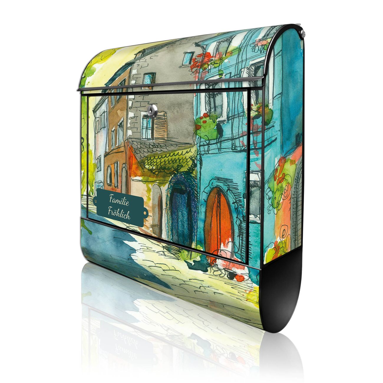 banjado Wandbriefkasten schwarz groß mit Motiv Historischer Stadtkern 38x47x13cm - inkl. Zeitungsfach, 2 Schlüssel und Montageanleitung - pulverbeschichtet