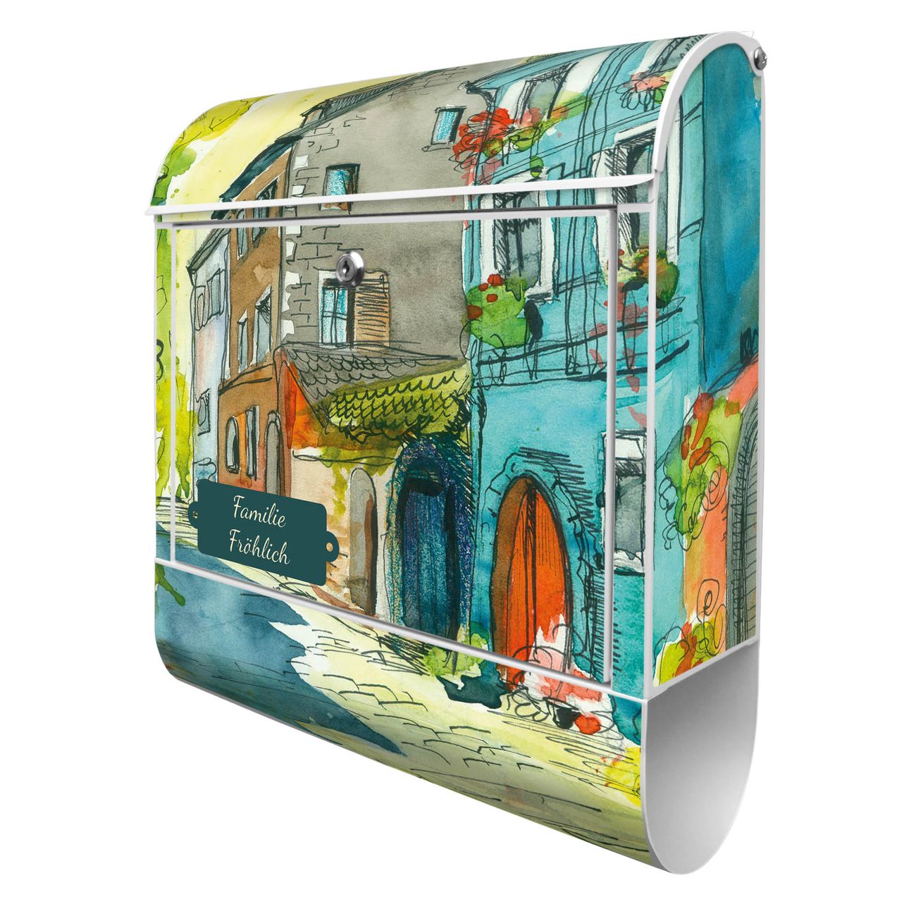 banjado Wandbriefkasten weiß groß mit Motiv Historischer Stadtkern 38x47x13cm - inkl. Zeitungsfach, 2 Schlüssel und Montageanleitung - pulverbeschichtet