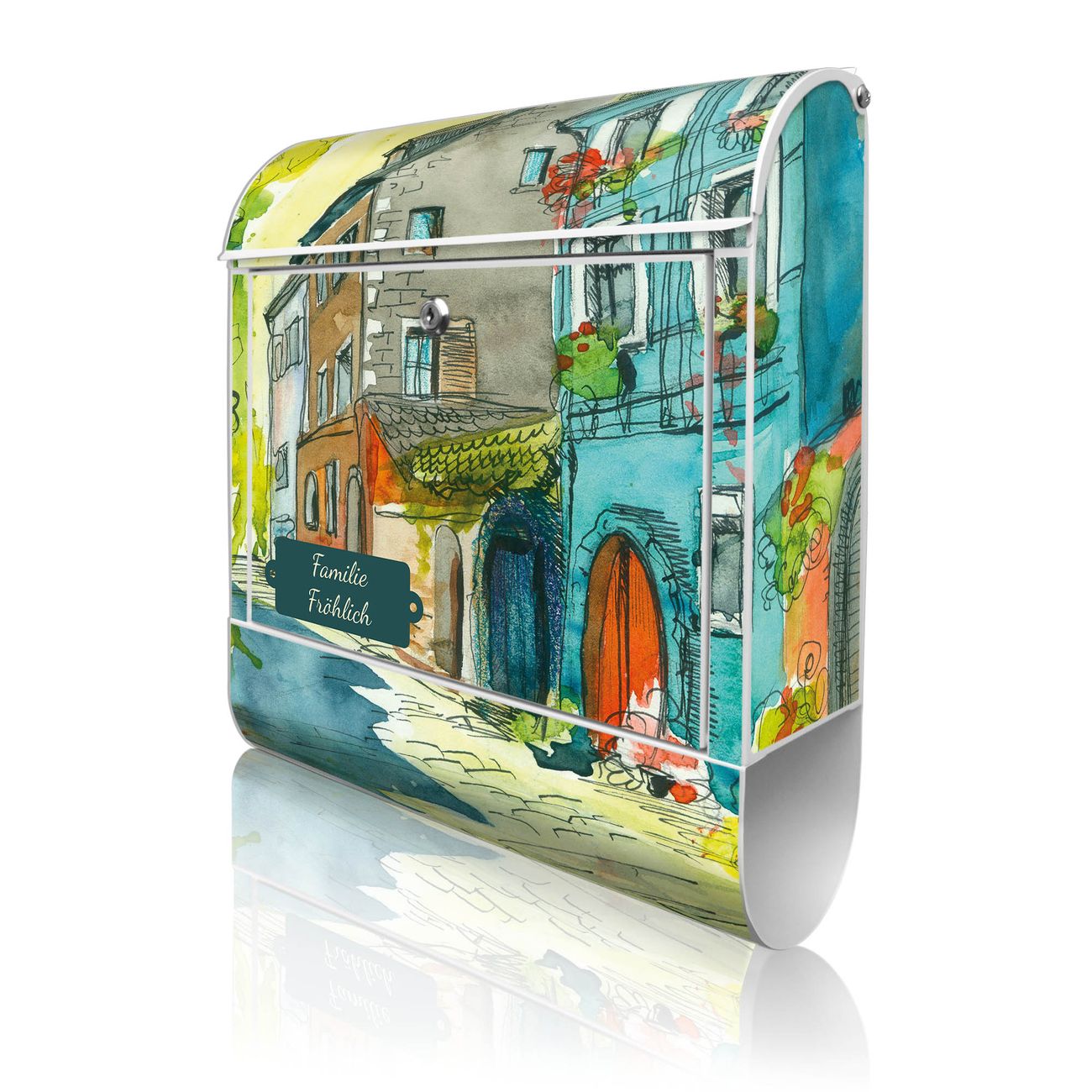 banjado Wandbriefkasten weiß groß mit Motiv Historischer Stadtkern 38x47x13cm - inkl. Zeitungsfach, 2 Schlüssel und Montageanleitung - pulverbeschichtet