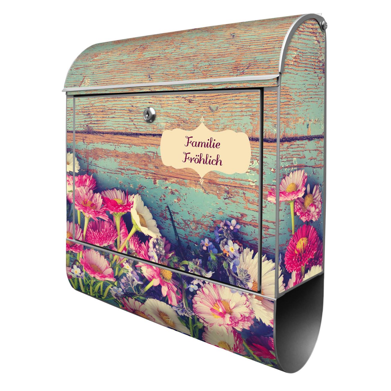 banjado Design Briefkasten silber mit Motiv Blumenpfücken 38x47x13cm, 2 Schlüssel - Briefkasten Stahl mit Zeitungsfach pulverbeschichtet A4 Einwurf