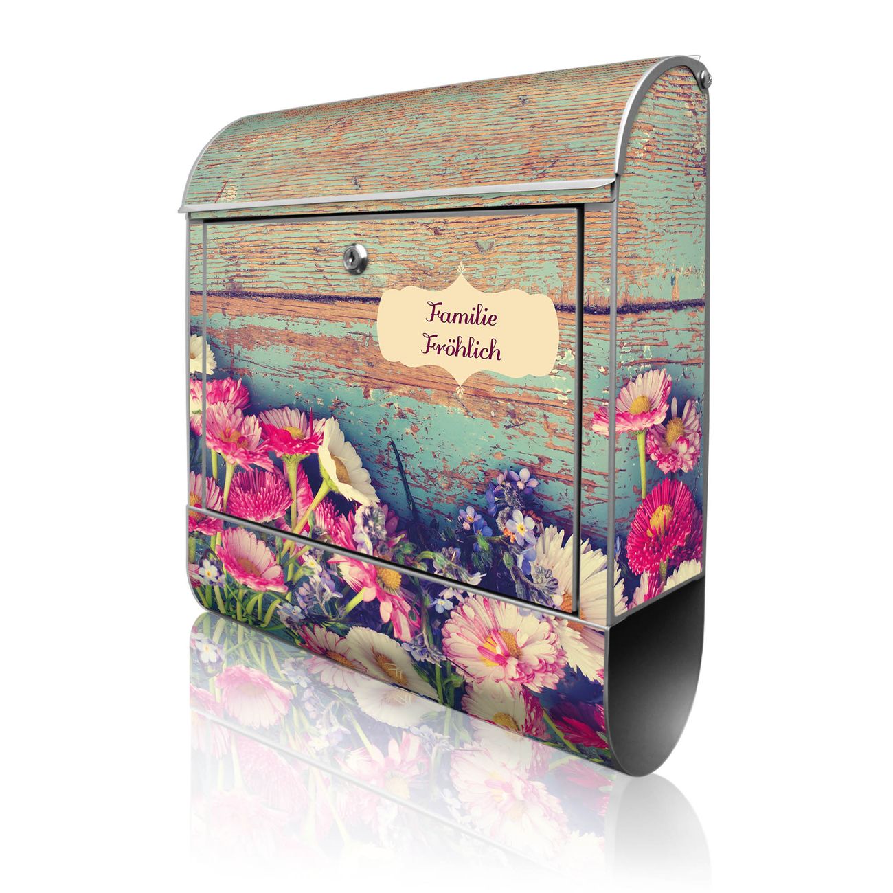 banjado Design Briefkasten silber mit Motiv Blumenpfücken 38x47x13cm, 2 Schlüssel - Briefkasten Stahl mit Zeitungsfach pulverbeschichtet A4 Einwurf