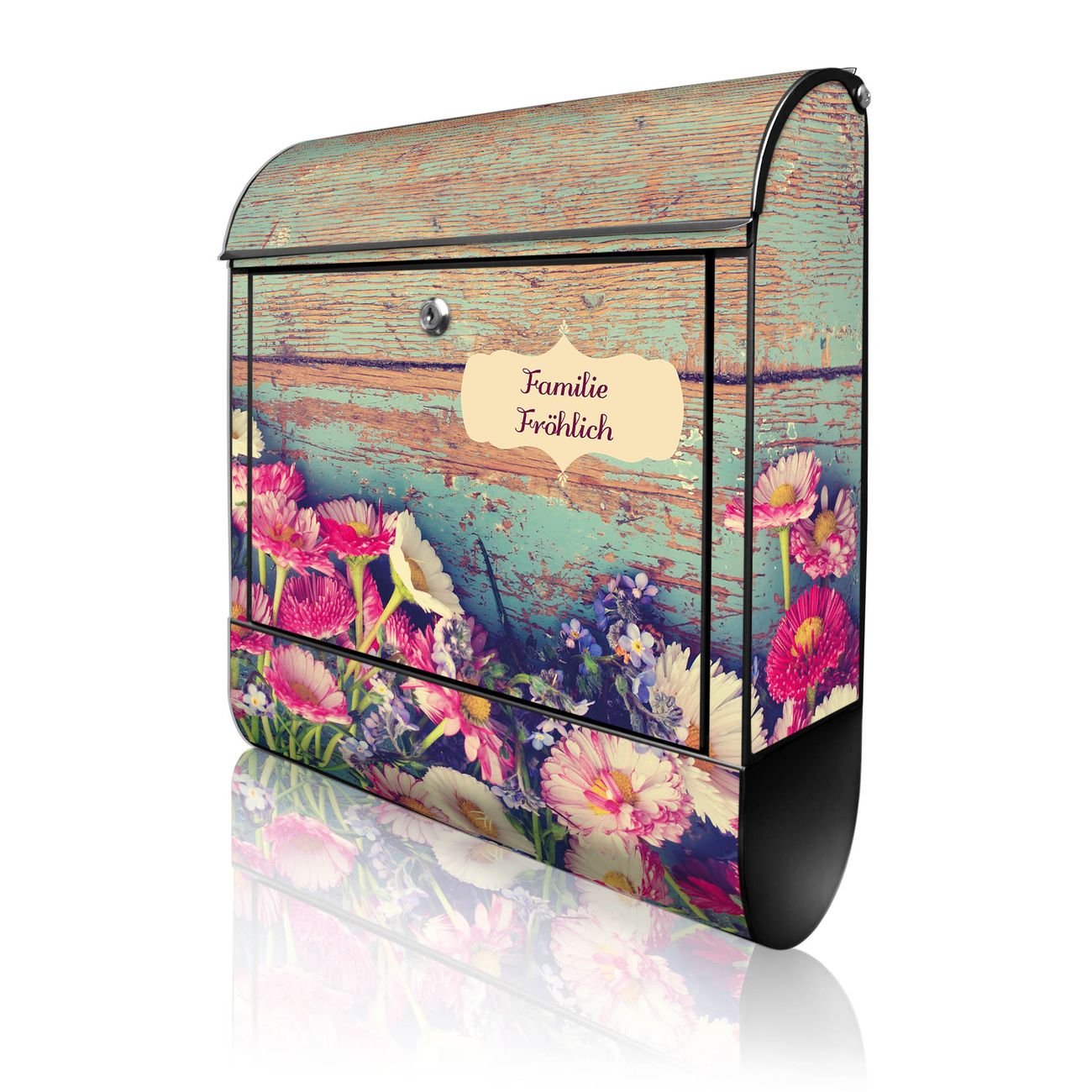 banjado Design Briefkasten schwarz mit Motiv Blumenpfücken 38x47x13cm, 2 Schlüssel - Briefkasten Stahl mit Zeitungsfach pulverbeschichtet A4 Einwurf