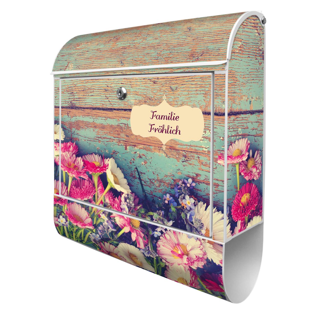 banjado Design Briefkasten weiß mit Motiv Blumenpfücken 38x47x13cm, 2 Schlüssel - Briefkasten Stahl mit Zeitungsfach pulverbeschichtet A4 Einwurf