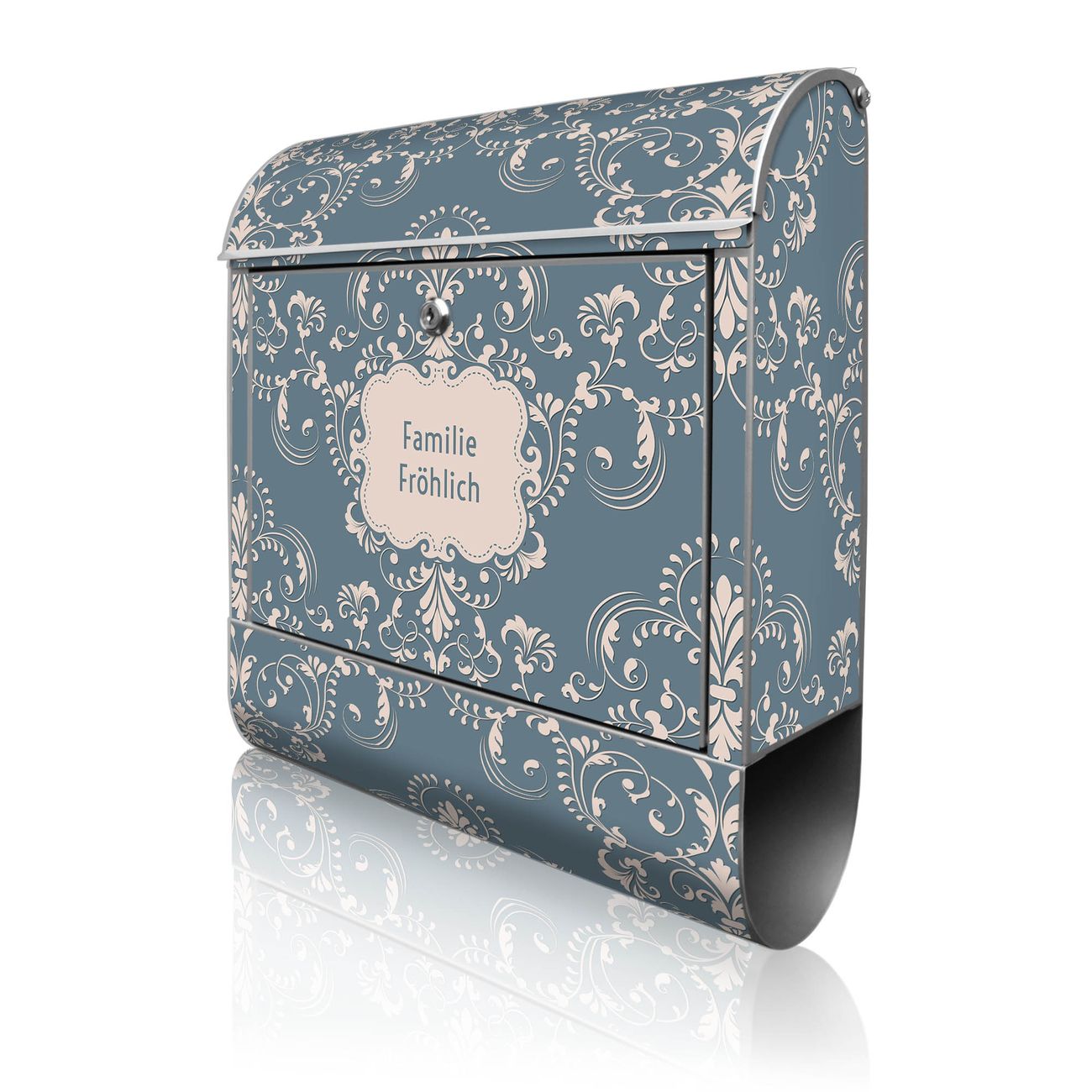 banjado Wandbriefkasten silber groß mit Motiv Royal Creme Blau 38x47x13cm - inkl. Zeitungsfach, 2 Schlüssel und Montageanleitung - pulverbeschichtet