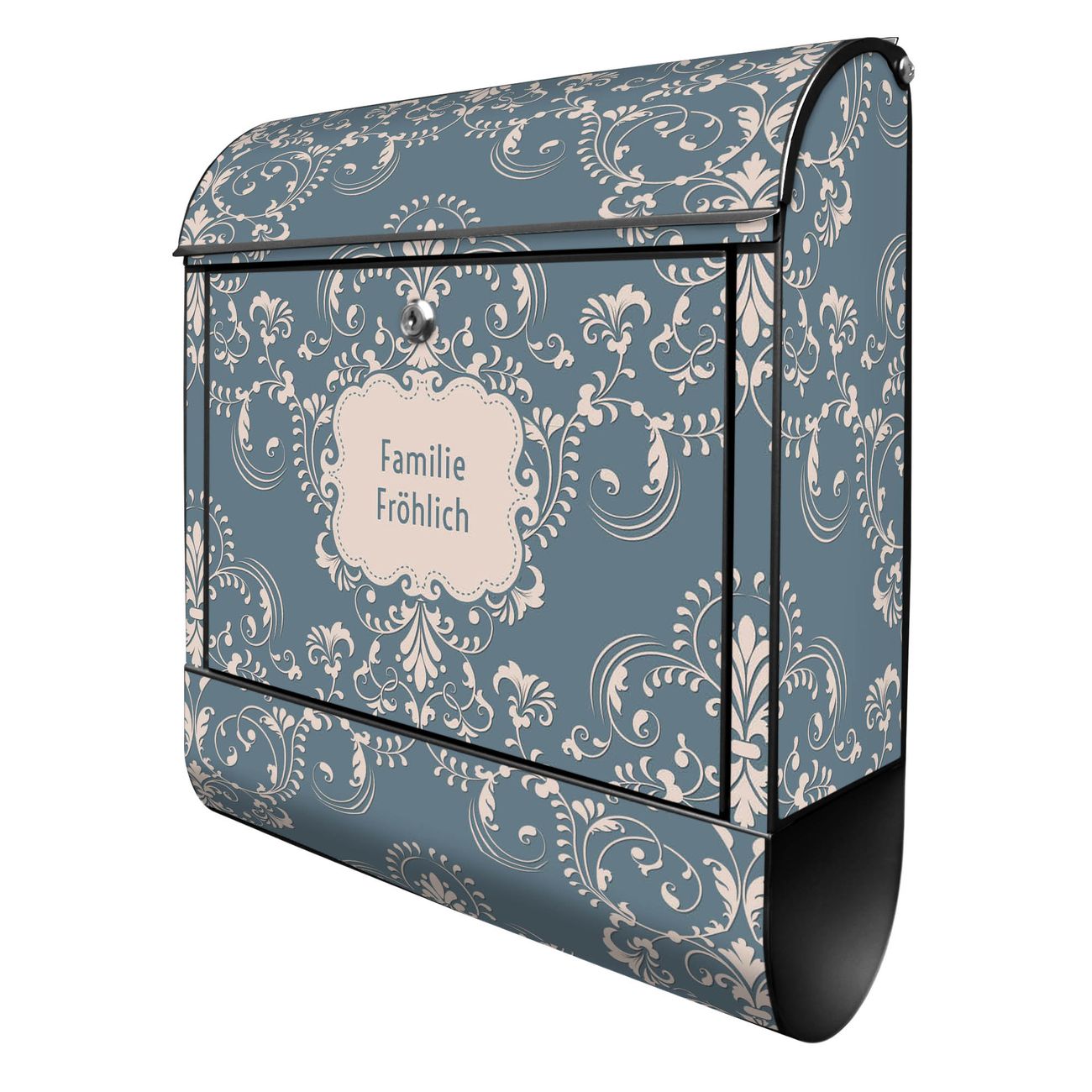 banjado Wandbriefkasten schwarz groß mit Motiv Royal Creme Blau 38x47x13cm - inkl. Zeitungsfach, 2 Schlüssel und Montageanleitung - pulverbeschichtet