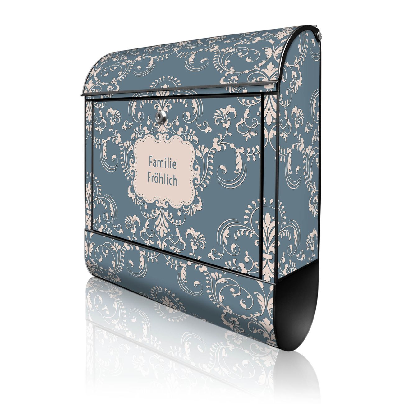 banjado Wandbriefkasten schwarz groß mit Motiv Royal Creme Blau 38x47x13cm - inkl. Zeitungsfach, 2 Schlüssel und Montageanleitung - pulverbeschichtet