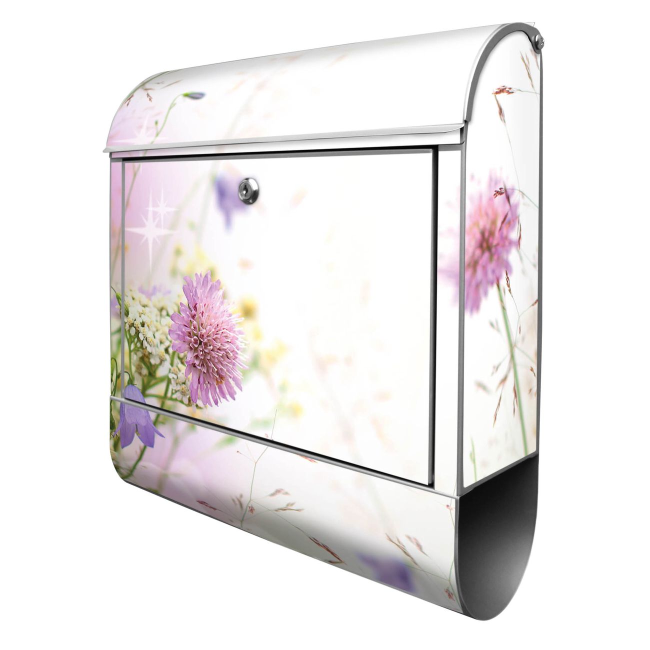 banjado Briefkasten silber mit Hausnummer und Motiv Wiese Blumen 38x47x13cm - mit Zeitungsfach pulverbeschichtet - 2 Schlüssel, Montageanleitung