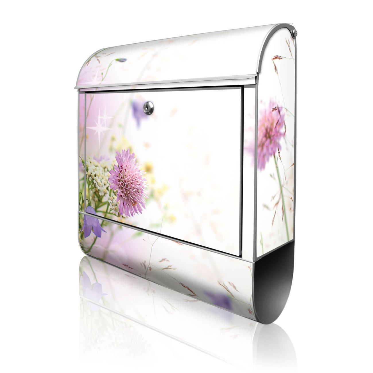 banjado Briefkasten silber mit Hausnummer und Motiv Glitzernde Wiese 38x47x13cm - mit Zeitungsfach pulverbeschichtet - 2 Schlüssel, Montageanleitung