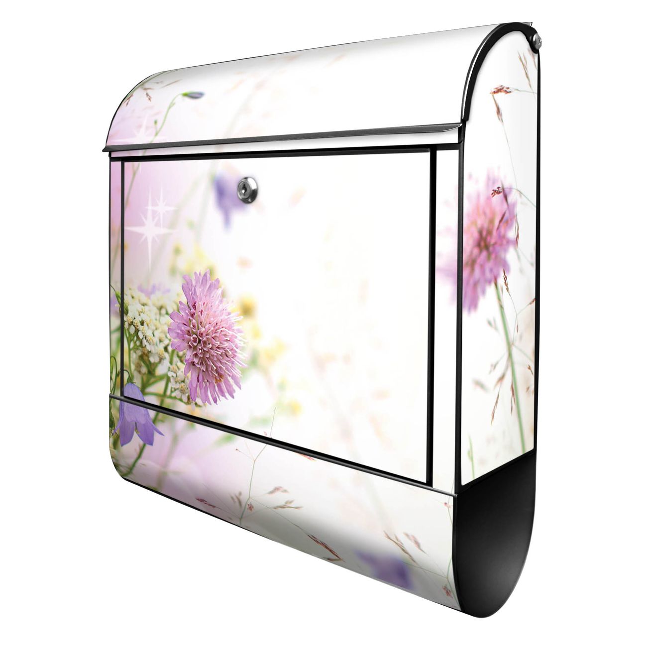 banjado Briefkasten schwarz mit Hausnummer und Motiv Wiese Blumen 38x47x13cm - mit Zeitungsfach pulverbeschichtet - 2 Schlüssel, Montageanleitung
