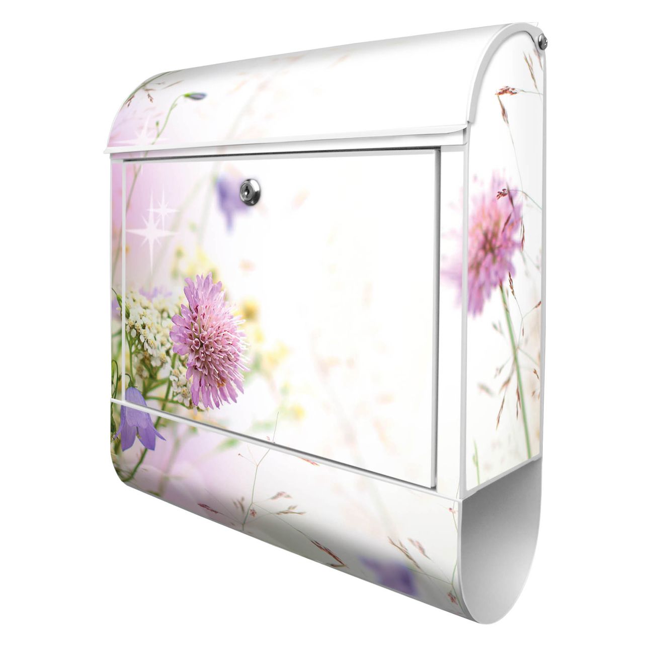 banjado Briefkasten weiß mit Hausnummer und Motiv Wiese Blumen 38x47x13cm - mit Zeitungsfach pulverbeschichtet - 2 Schlüssel, Montageanleitung