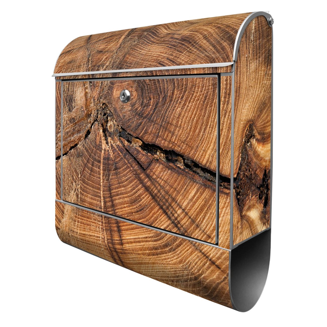 banjado Wandbriefkasten silber groß mit Motiv Jahresringe 38x47x13cm - inkl. Zeitungsfach, 2 Schlüssel und Montageanleitung - pulverbeschichtet