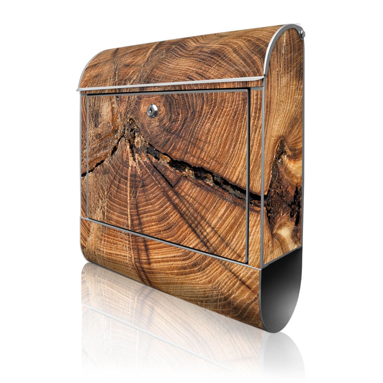 banjado Wandbriefkasten silber groß mit Motiv Jahresringe 38x47x13cm - inkl. Zeitungsfach, 2 Schlüssel und Montageanleitung - pulverbeschichtet