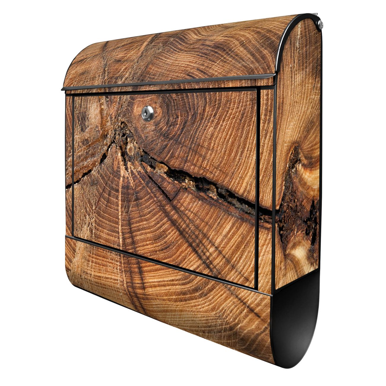 banjado Wandbriefkasten schwarz groß mit Motiv Jahresringe 38x47x13cm - inkl. Zeitungsfach, 2 Schlüssel und Montageanleitung - pulverbeschichtet